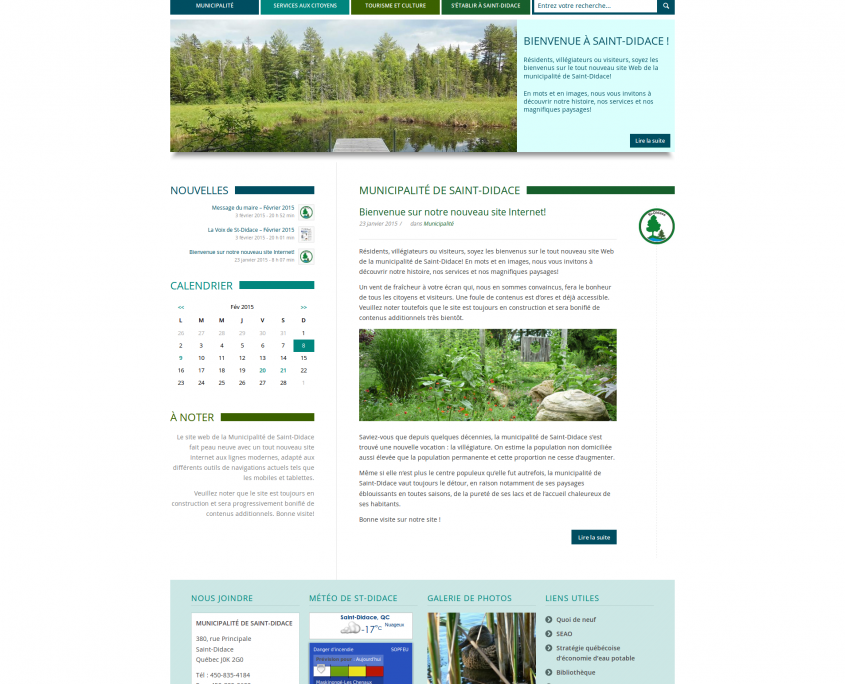 Page d'accueil du nouveau site web de Saint-Didace lors de la mise en ligne en février 2015.