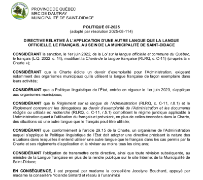 DIRECTIVE RELATIVE À L’APPLICATION D’UNE AUTRE LANGUE QUE LA LANGUE OFFICIELLE, LE FRANÇAIS, AU SEIN DE LA MUNICIPALITÉ DE SAINT-DIDACE